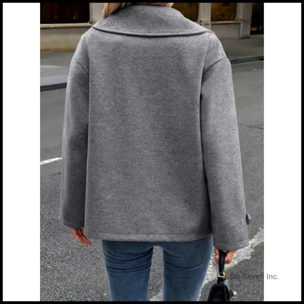 Wool Blend Pea Coat Cropped Blazer Jacket Loose Fit Double Breasted - Picture 4 of 6